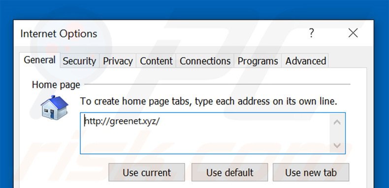 Removing greenet.xyz from Internet Explorer homepage