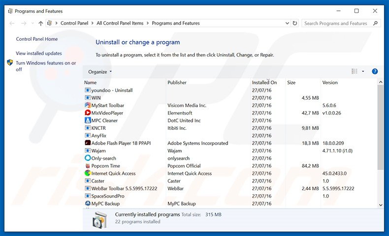 greenet.xyz browser hijacker uninstall via Control Panel