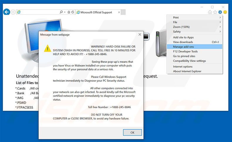 Removing Hard Disk Failure Error ads from Internet Explorer step 1
