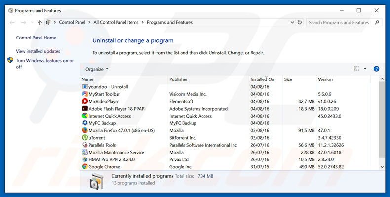 Hard Disk Failure Error adware uninstall via Control Panel