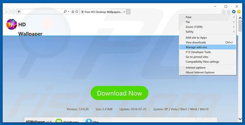 Removing HDWallpaper ads from Internet Explorer step 1