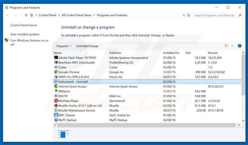 hohosearch.com browser hijacker uninstall via Control Panel