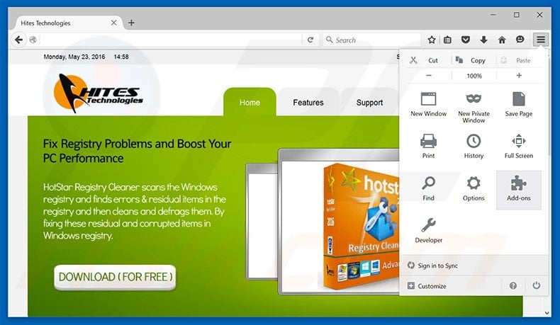 Removing HotStar Registry Cleaner ads from Mozilla Firefox step 1