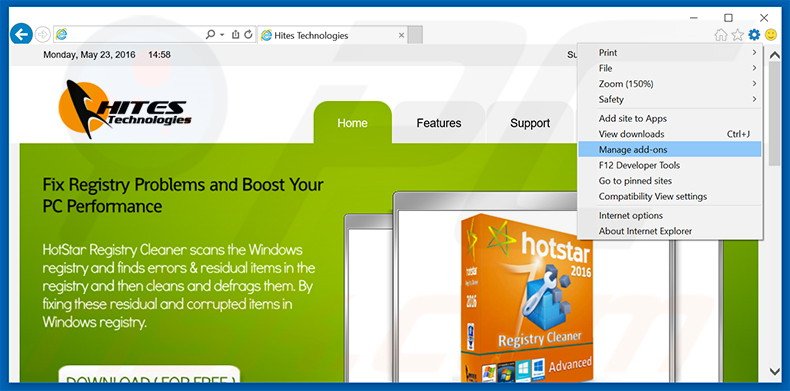 Removing HotStar Registry Cleaner ads from Internet Explorer step 1