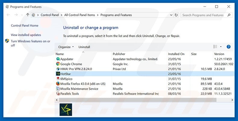 HotStar Registry Cleaner adware uninstall via Control Panel