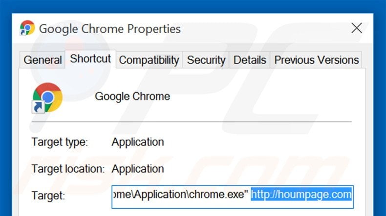 Removing houmpage.com from Google Chrome shortcut target step 2