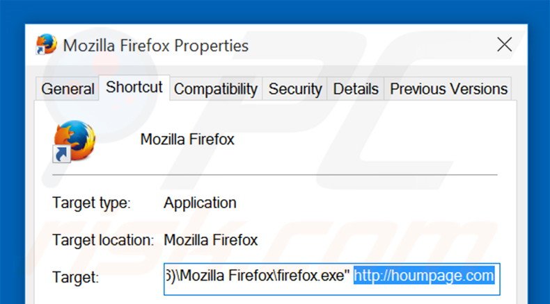 Removing houmpage.com from Mozilla Firefox shortcut target step 2