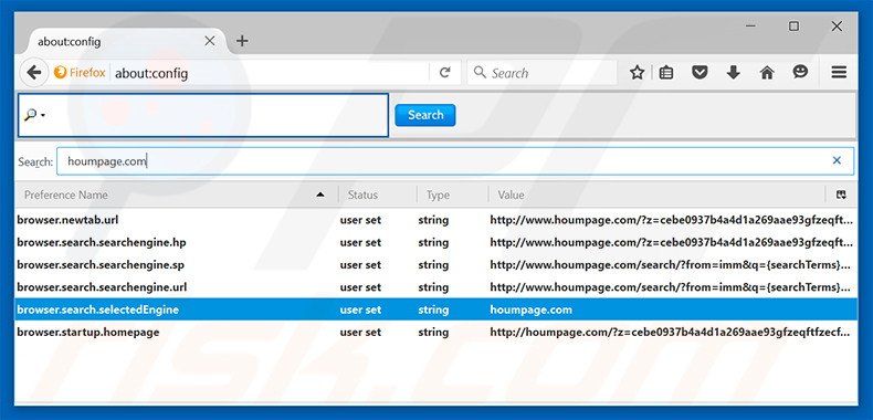 Removing houmpage.com from Mozilla Firefox default search engine
