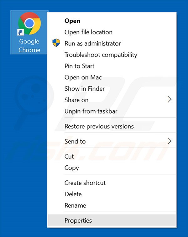 Removing iglobalsearch.com from Google Chrome shortcut target step 1