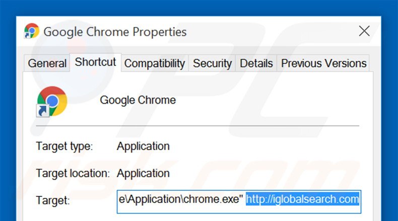 Removing iglobalsearch.com from Google Chrome shortcut target step 2