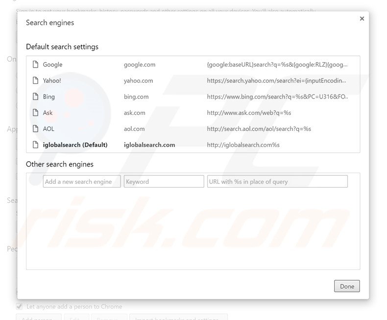 Removing iglobalsearch.com from Google Chrome default search engine