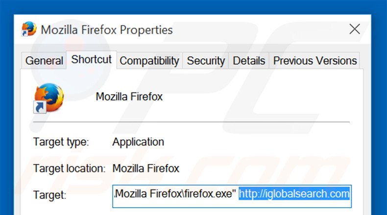 Removing iglobalsearch.com from Mozilla Firefox shortcut target step 2