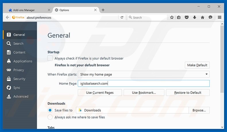 Removing iglobalsearch.com from Mozilla Firefox homepage
