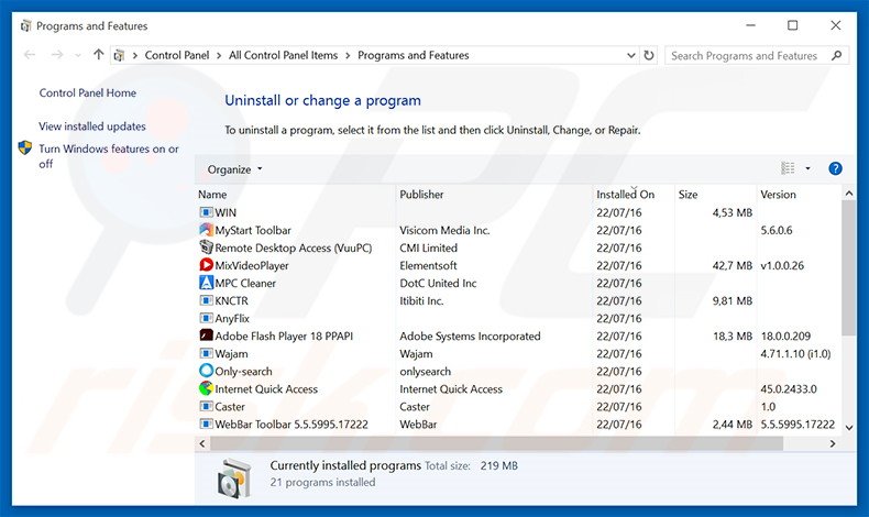 iglobalsearch.com browser hijacker uninstall via Control Panel