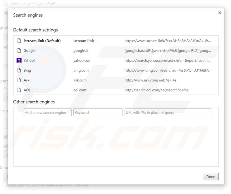 Removing istream.link from Google Chrome default search engine