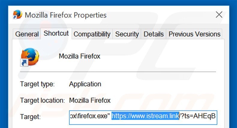 Removing istream.link from Mozilla Firefox shortcut target step 2