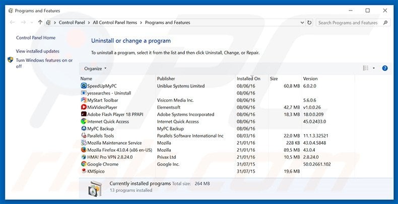 istream.link browser hijacker uninstall via Control Panel