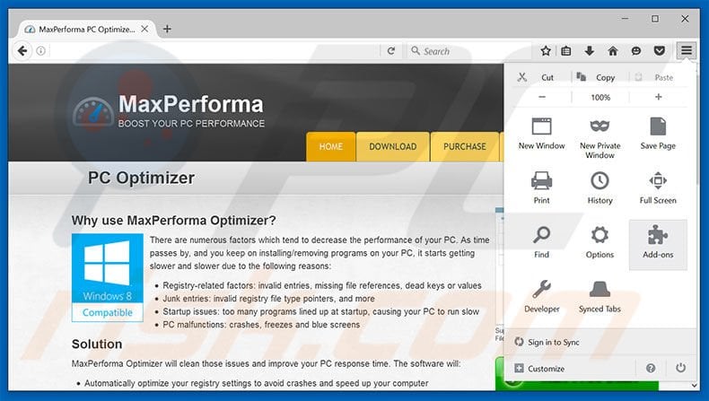 Removing MaxPerforma ads from Mozilla Firefox step 1