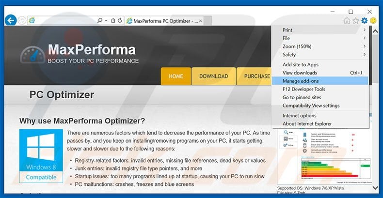Removing MaxPerforma ads from Internet Explorer step 1