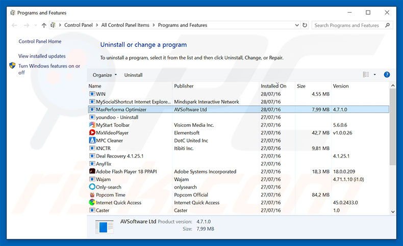 MaxPerforma adware uninstall via Control Panel