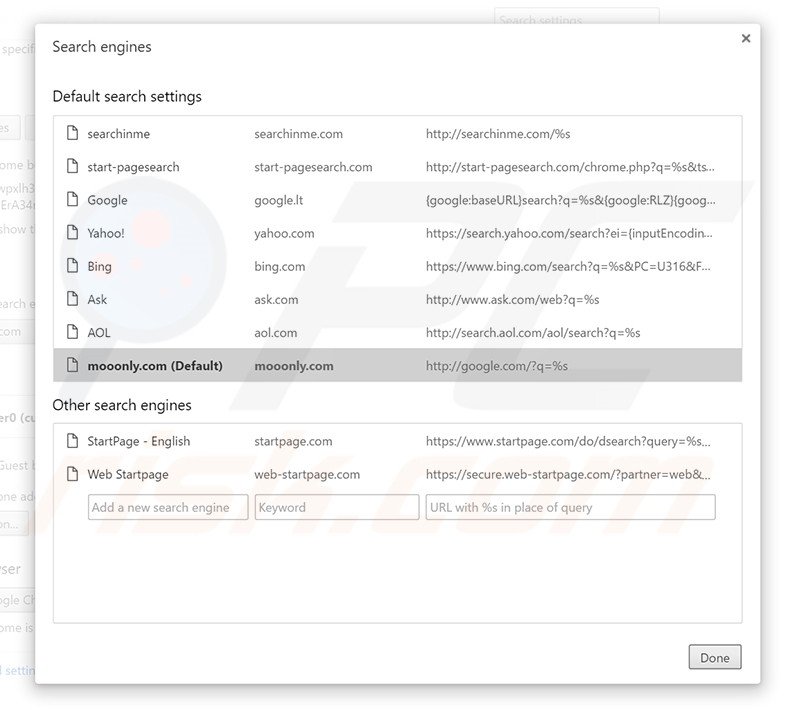 Removing mooonly.com from Google Chrome default search engine