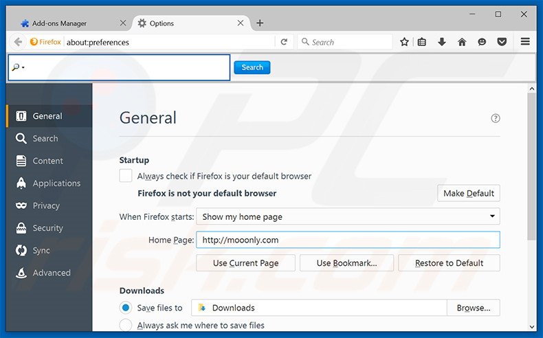 Removing mooonly.com from Mozilla Firefox homepage