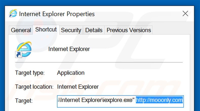 Removing mooonly.com from Internet Explorer shortcut target step 2