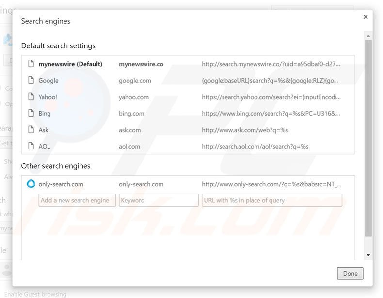 Removing search.mynewswire.co from Google Chrome default search engine