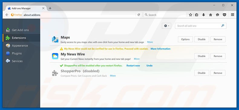 Removing search.mynewswire.co related Mozilla Firefox extensions