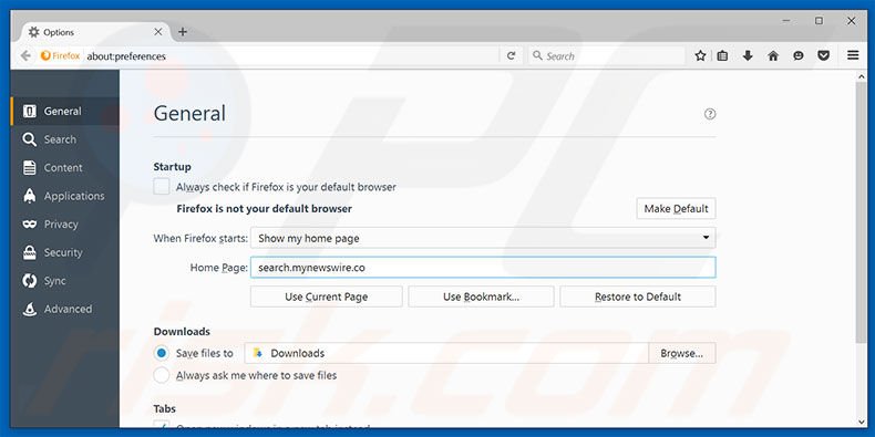 Removing search.mynewswire.co from Mozilla Firefox homepage