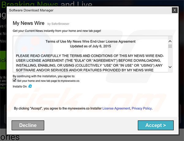Official My News Wire browser hijacker installation setup