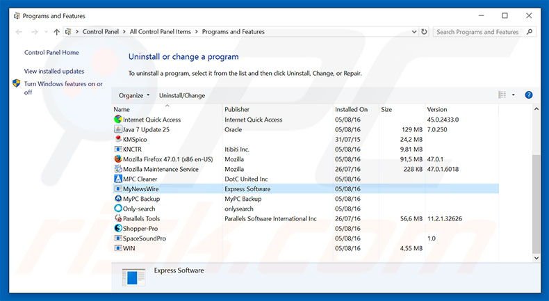 search.mynewswire.co browser hijacker uninstall via Control Panel