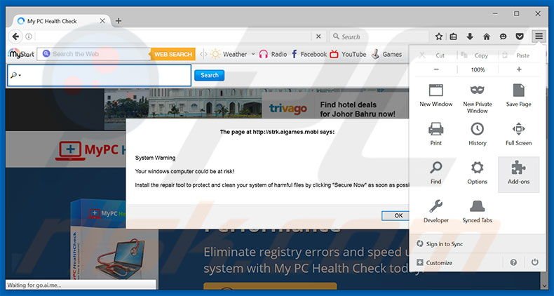 Removing MyPC HealthCheck ads from Mozilla Firefox step 1