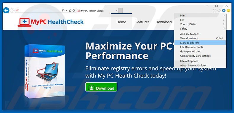 Removing MyPC HealthCheck ads from Internet Explorer step 1