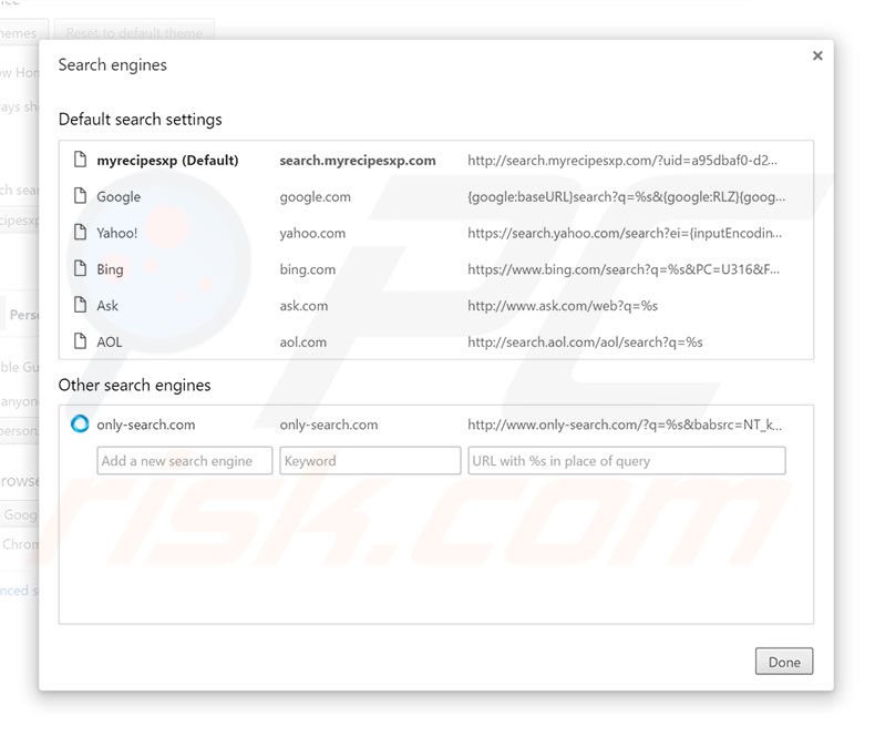 Removing search.myrecipesxp.com from Google Chrome default search engine
