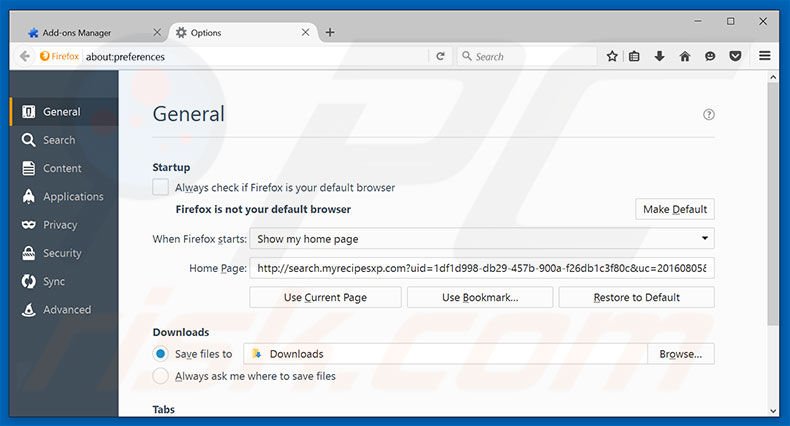 Removing search.myrecipesxp.com from Mozilla Firefox homepage