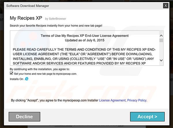 Official My Recipes XP browser hijacker installation setup