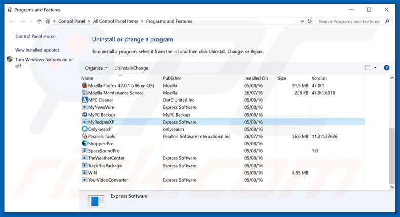 search.myrecipesxp.com browser hijacker uninstall via Control Panel