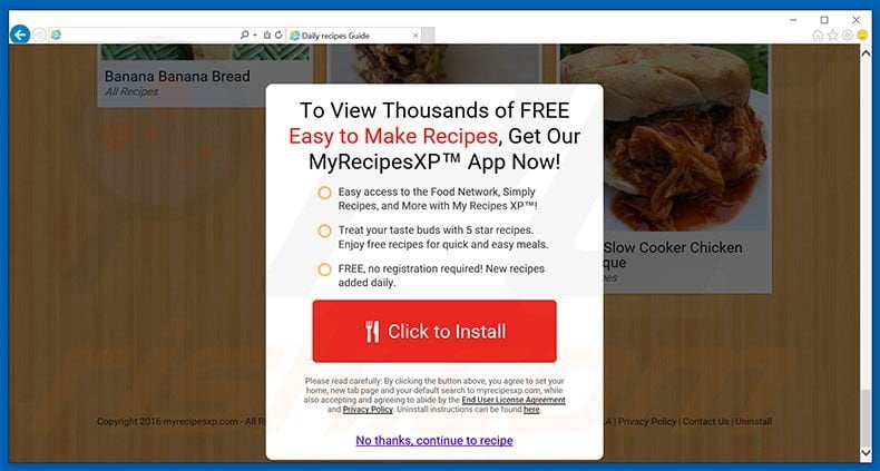 Website used to promote My Recipes XP browser hijacker