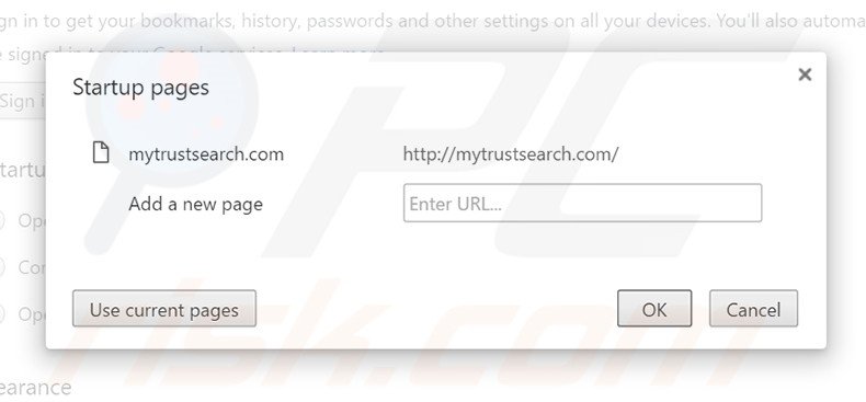 Removing mytrustsearch.com from Google Chrome homepage