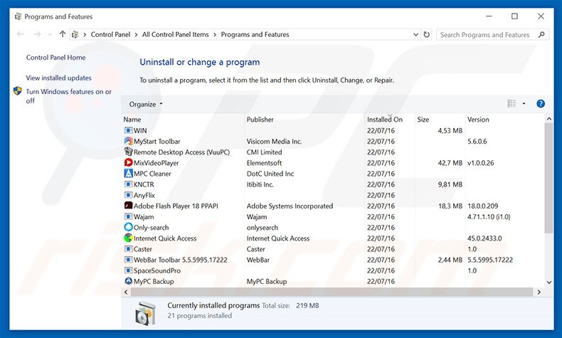 mytrustsearch.com browser hijacker uninstall via Control Panel