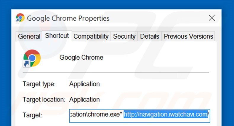 Removing navigation.iwatchavi.com from Google Chrome shortcut target step 2