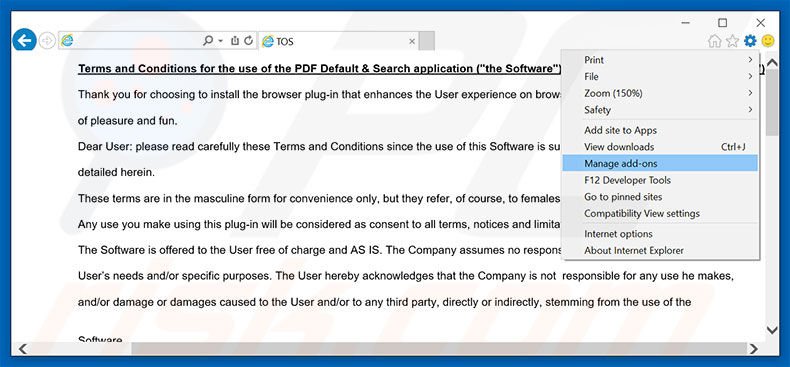 Removing PDFDEFAULT ads from Internet Explorer step 1
