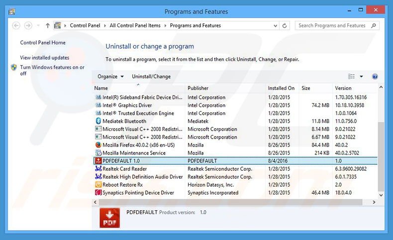 PDFDEFAULT adware uninstall via Control Panel
