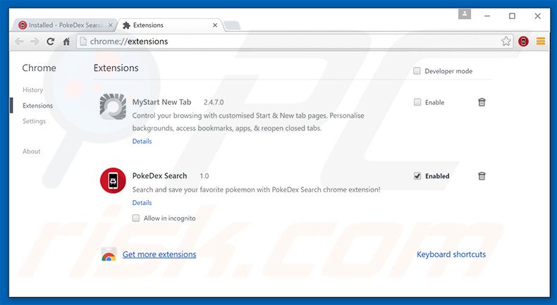 Removing home.getpokedex.com related Google Chrome extensions