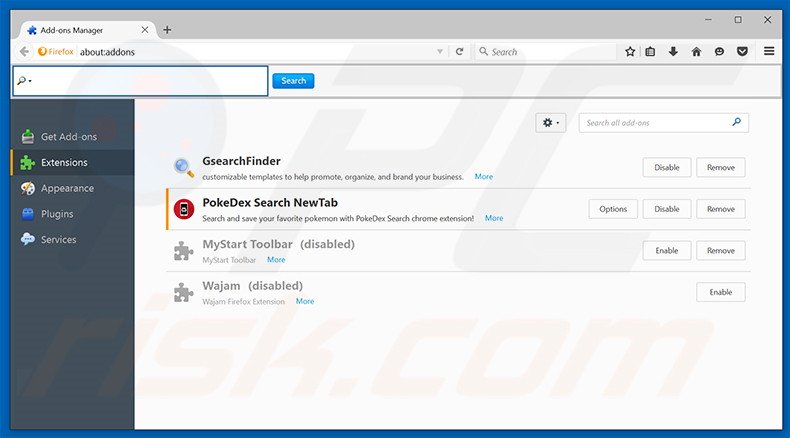 Removing home.getpokedex.com related Mozilla Firefox extensions