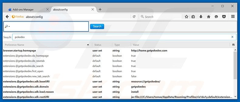 Removing home.getpokedex.com from Mozilla Firefox default search engine