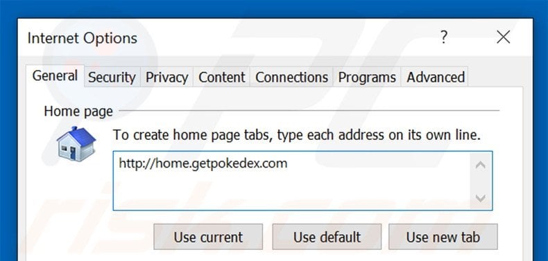 Removing home.getpokedex.com from Internet Explorer homepage