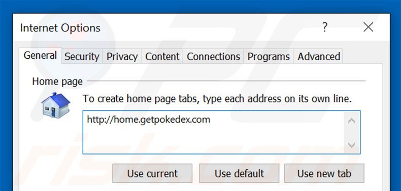 Removing home.getpokedex.com from Internet Explorer homepage