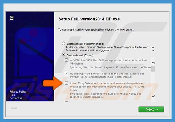 Deceptive installer used to promote ProxyGate adware
